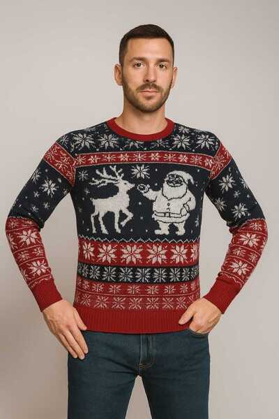ANATOLIATEKSTILE Men's Christmas Sweater – Santa Claus & Reindeer Pattern, Thick Knit, Red-Navy Blue