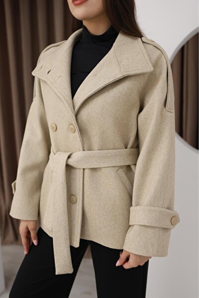 Leo Ferre Cream Color Women's Winter Coat Mock Neck Front Buttoned Belted Epaulette Cream Coat. 1209