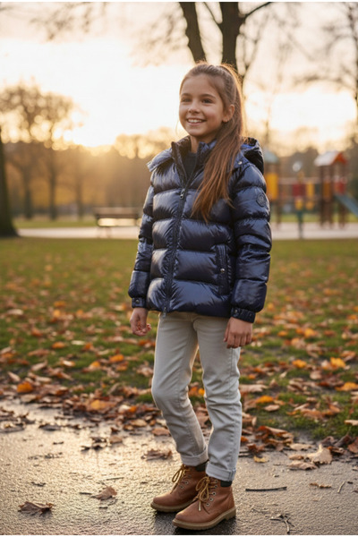 YusGos Baby Girl Children's Waterproof Shiny Puffer Jacket with Hooded Zipper Pockets (2-15 Years) Navy Blue 14