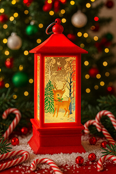 CHANCE GİFT LED Işıklı Yılbaşı Feneri Geyik Temalı Noel Feneri Ağaç Süsü Kırm...