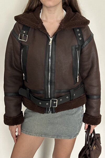 moda armanc Women's Fur Detailed Belted Leather Coat - Winter Biker Plush Lined Leather Jacket