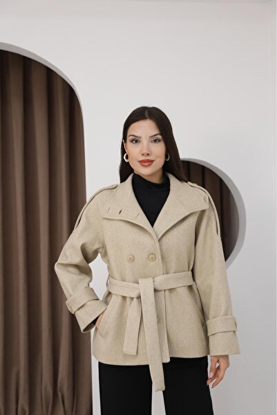 Leo Ferre Cream Color Women's Winter Coat Mock Neck Front Buttoned Belted Epaulette Cream Coat. 1209