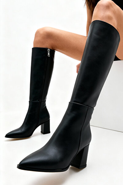 ALEARDO ALEARDİ Kadın Siyah Fermuarlı Sivri Burun 6 Cm Blok topuklu Uzun Çizme