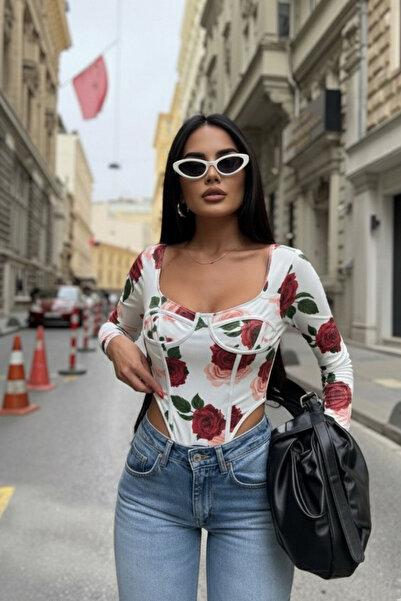 oshebu Women's Square Neck Rose Printed Bodysuit