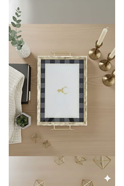 MagHome Modern Çay Kahve Kahvaltılık ve Sunum Tepsisi Lacivert Detaylı Eskitm...