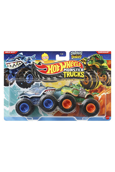 mattel HOT WHEELS MONSTER TRUCK SET 2 CARS GREAT BITE AND RAGEASAUR SCALE 1 TO 64