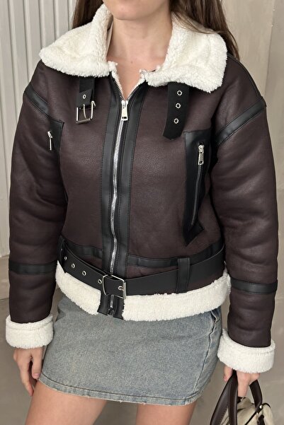 moda armanc Women's Fur Detailed Belted Leather Coat - Winter Biker Plush Lined Leather Jacket