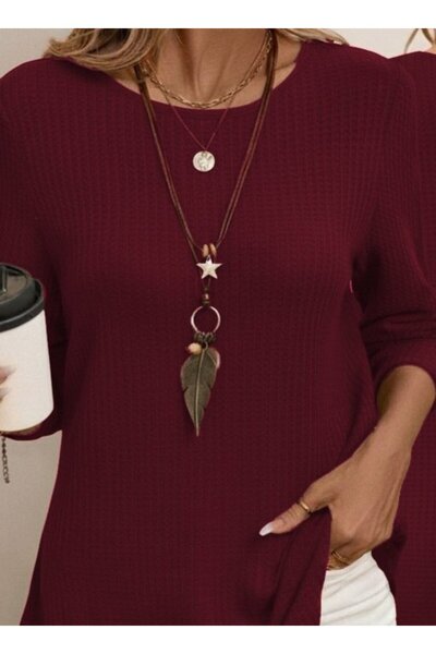 JANES Women's Long Sleeve Round Neck Back Button Waffle Blouse