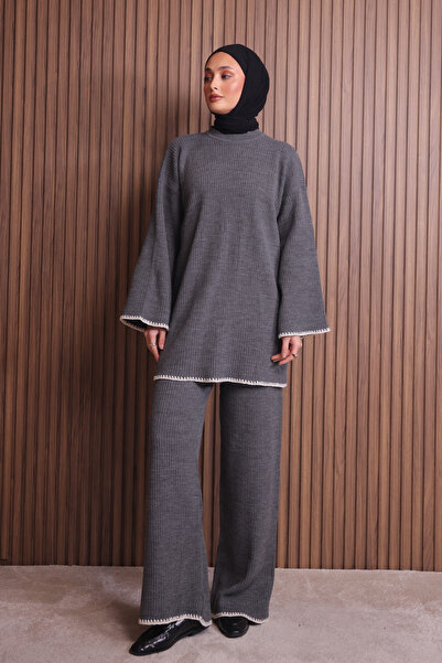 Mogi Butik Women's Oversized Rib Knit Spanish Sleeve Hijab Knitwear Set 3134