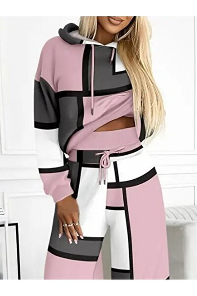 Meleners Women's Long Sleeve Hooded Lace-Up Patterned Two Thread Blouse and Pants Two-Piece Set