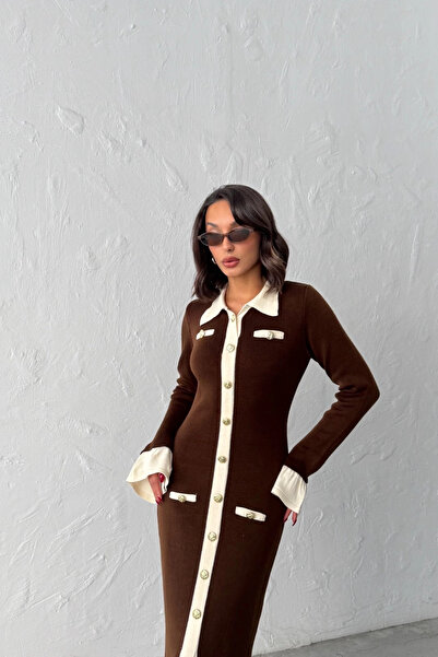 Lusin Γυναικείο καφέ κομψό πλεκτό φόρεμα με λεπτομέρεια με κουμπιά και μανίκια