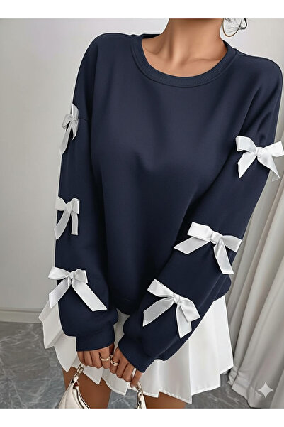 LEONE KOLEKSİYON Κομψό χειμερινό γυναικείο φούτερ με λεπτομέρεια με φιόγκο και λαιμόκοψη σε μπλε ναυτικό