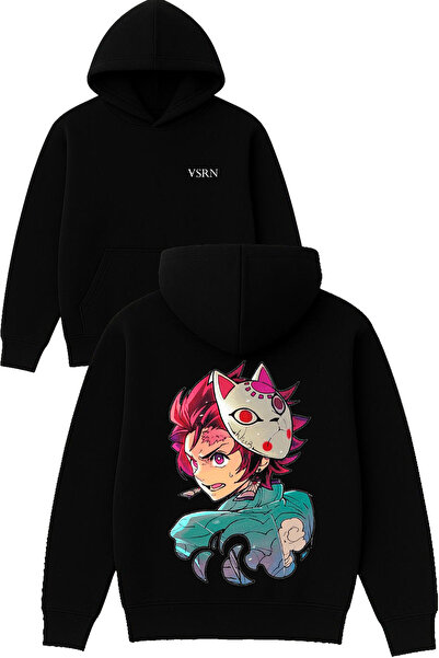 VSRN Hanorac negru supradimensionat cu glugă, cu imprimeu anime și design mascat