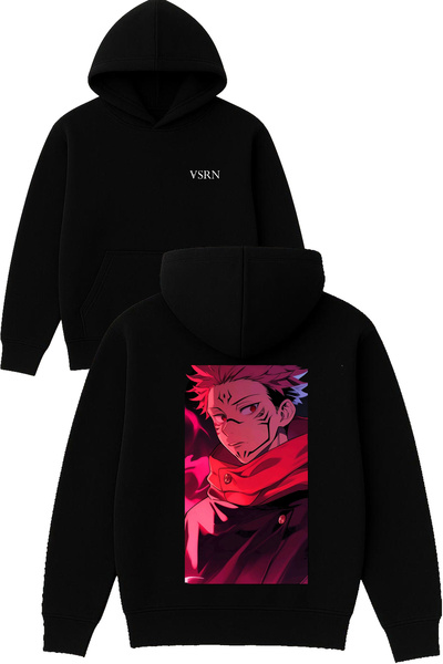 VSRN Hanorac negru supradimensionat cu glugă, imprimat cu design Anime 1