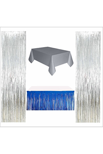 ZENVİVA Silver Tablecloth, Navy Blue Table Skirt, 2 Pieces Silver Backdrop