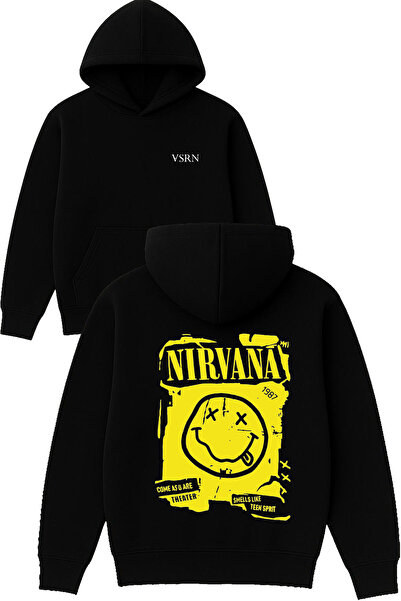VSRN تصميم نيرفانا مطبوع قصة فضفاضة سويت شيرت أسود بغطاء رأس
