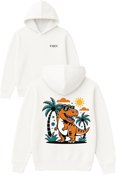 VSRN تصميم الديناصور الذي يشمس مطبوع قصة فضفاضة سويت شيرت أبيض بغطاء رأس