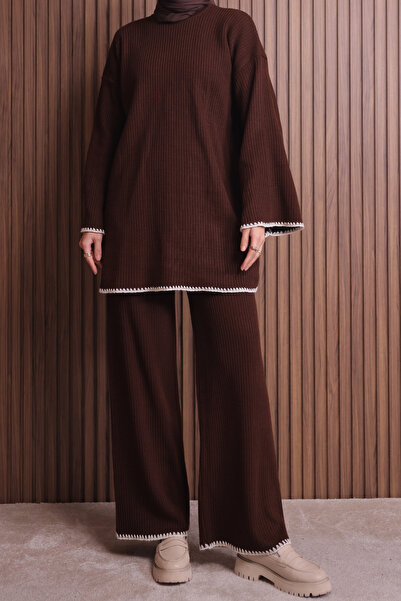 Mogi Butik Women's Oversized Rib Knit Spanish Sleeve Hijab Knitwear Set 3134