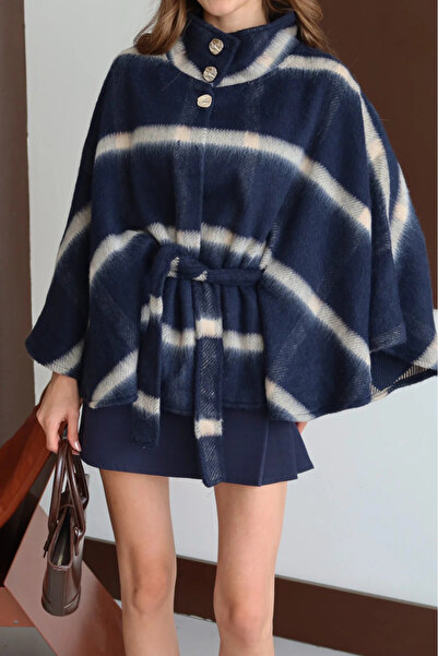 Lusin Women's Navy Blue Plaid Patterned Premium Poncho Jacket with Belt Detail
