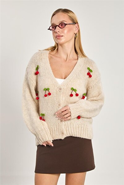 BARRELS AND OIL Women's 3-button cherry detail knit cardigan - stone