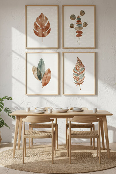 Tontilika Pastel Yaprak Çizimleri 4’lü Dekoratif Ahşap Çerçeveli Tablo Seti –...