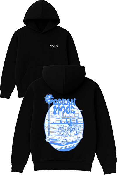 VSRN Ocean mood Hanorac negru supradimensionat cu glugă și imprimeu