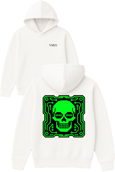VSRN Green Dry Design Printed Oversized White Hooded Sweatshirt