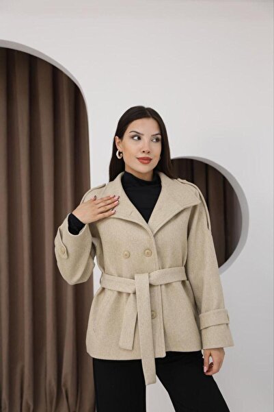 Lila Moda Double-Breasted Short Oversized Lined Pocket Cashmere Jacket Coat