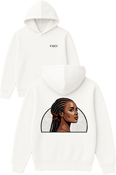 VSRN Braided Women's Design Printed Oversized White Hooded Sweatshirt