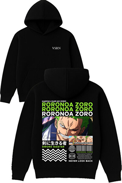 VSRN تصميم رورو مطبوع قصة فضفاضة سويت شيرت أسود بغطاء رأس