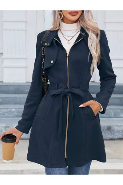 Lady Moss Women's Long Sleeve Buttoned Zippered Waist Belted Suede Jacket