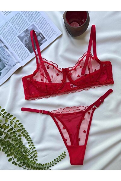 DİA SENSE Kırmızı Kalp Nakışlı Transparan Bralet Sütyen & Tanga Takımı