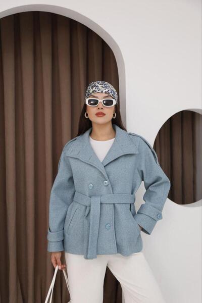 Lila Moda Double-Breasted Short Oversized Lined Pocket Cashmere Jacket Coat