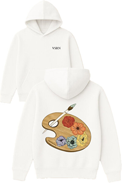 VSRN ريسام ديزاين مطبوع قصة فضفاضة سويت شيرت أبيض بغطاء رأس
