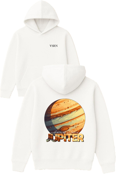 VSRN سويت شيرت جوبيتر ديزاين مطبوع قصة فضفاضة أبيض بغطاء رأس