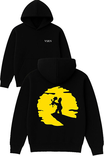 VSRN Hanorac negru supradimensionat cu glugă, cu imprimeu design cap galben