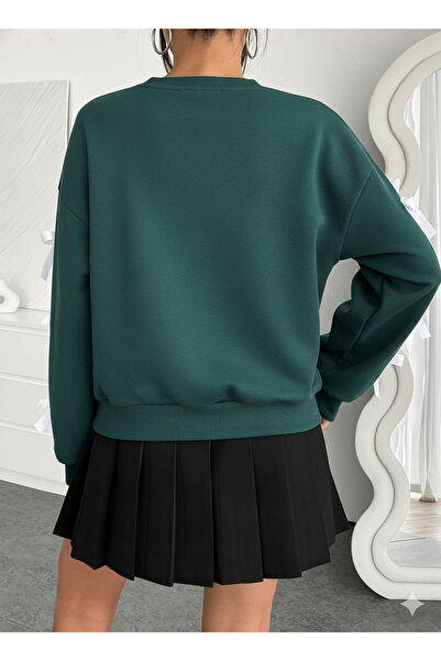 LEONE KOLEKSİYON Κομψό χειμερινό γυναικείο φούτερ με λεπτομέρεια με φιόγκο, πράσινο νεφτένιο, με λαιμόκοψη ποδηλάτου