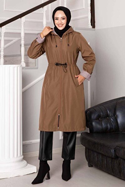 ECALAMODE Women's Brown Raincoat Trench Coat Transitional Adjustable Waist Hooded Hijab – Sports & Casual Cap