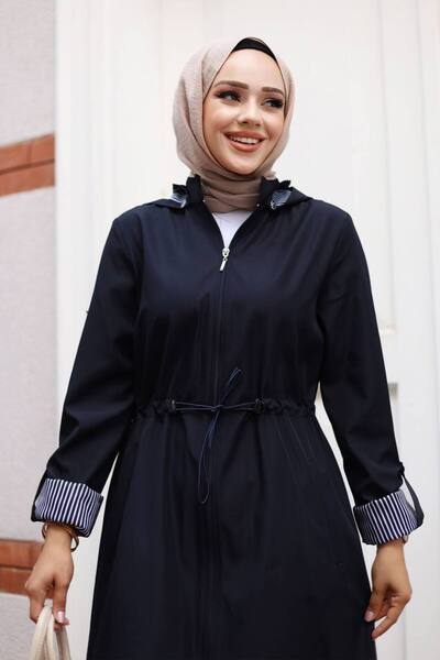 ECALAMODE Women's Navy Blue Raincoat Trench Coat Transitional Adjustable Waist Hooded Hijab – Sports & Casual Cap