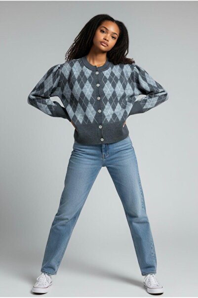 EREN STYLE Fleece-Lined Cotton Baklava Pattern Cardigan (Size 38-48)