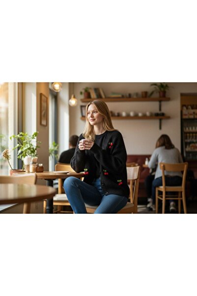 EREN STYLE Knitwear Cherry Detailed Cotton Angora Wool Long Sleeve Sweater