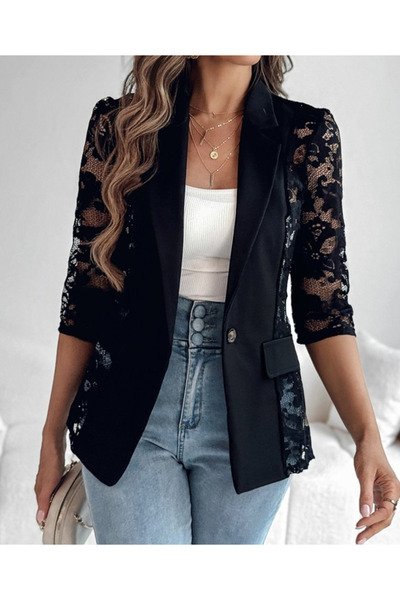 rengamoda Women's Lace Trim Three Quarter Sleeve Buttoned Pocket Atlas Fabric Jacket