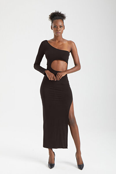 IMBUE Asymmetrical One Sleeve Cut-Out Slit Brown Maxi Dress