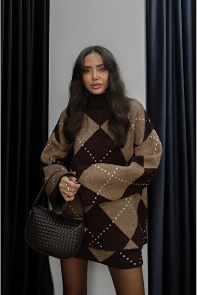 Havoş Camel Caridi Baklava Patterned Skirt Sweater Set
