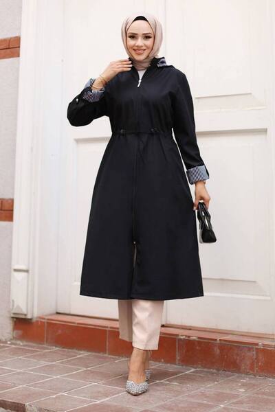 ECALAMODE Women's Black Raincoat Trench Coat Transitional Adjustable Waist Hooded Hijab – Sports & Casual Cap