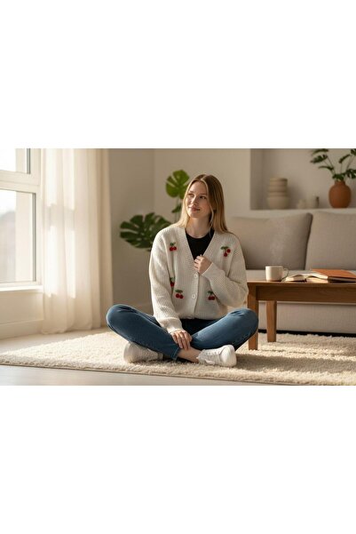 EREN STYLE Knitwear Cherry Detailed Cotton Angora Wool Long Sleeve Sweater