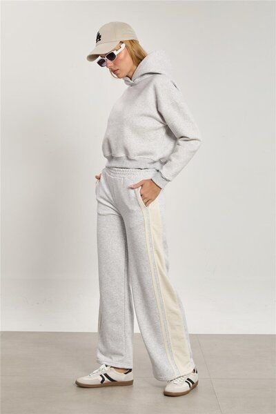 BARRELS AND OIL Women's Side Piped Wide Leg Sweatpants - Snow Melange