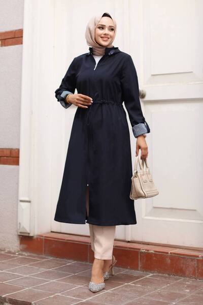 ECALAMODE Women's Navy Blue Raincoat Trench Coat Transitional Adjustable Waist Hooded Hijab – Sports & Casual Cap