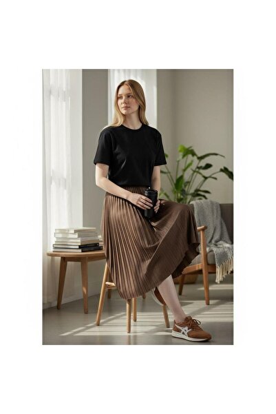 EREN STYLE aspect de piele Fusta plisată din bumbac țesut din viscoză pentru ...