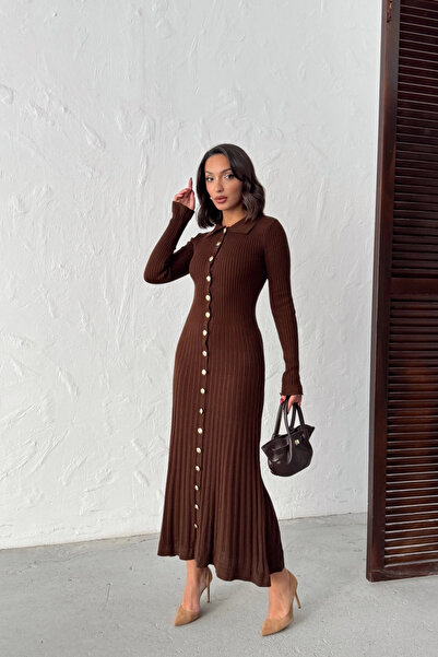 Lusin Women's Brown Gold Button Detailed Corded Fabric Long Knitwear Dress
